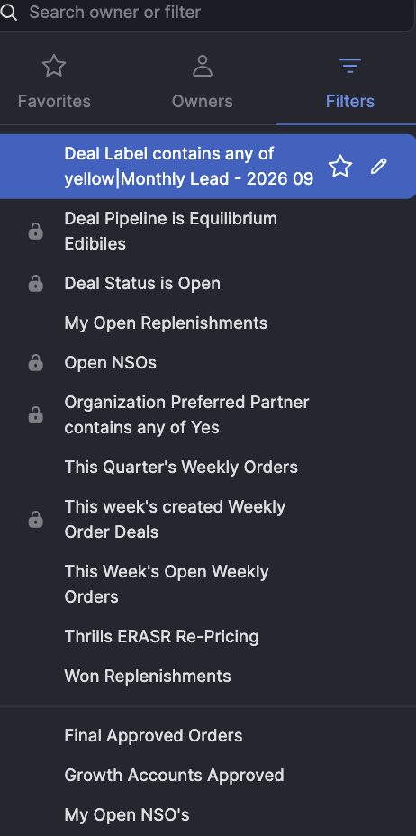 A long list of Pipedrive filters with overlapping names and purposes.